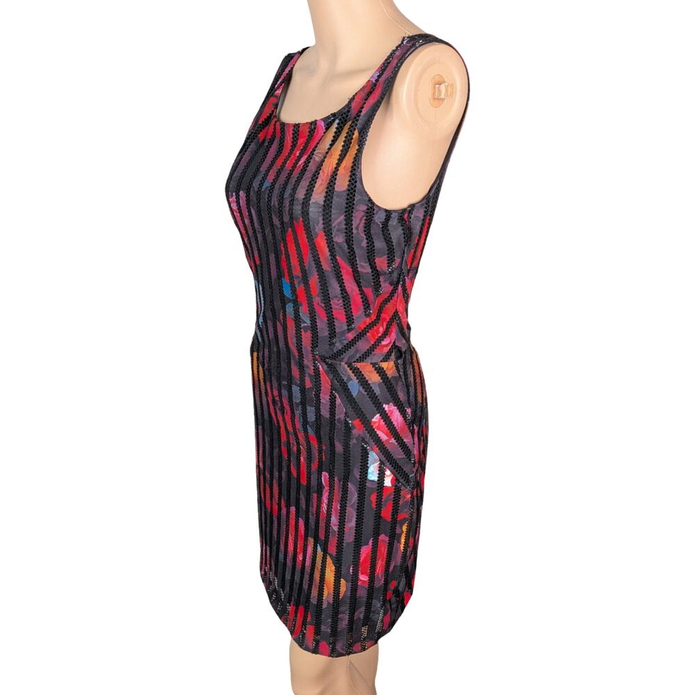 Guess Spanish Rose Floral Mesh Bodycon Dress S Black Lace Stripe Mini - Picture 7 of 12